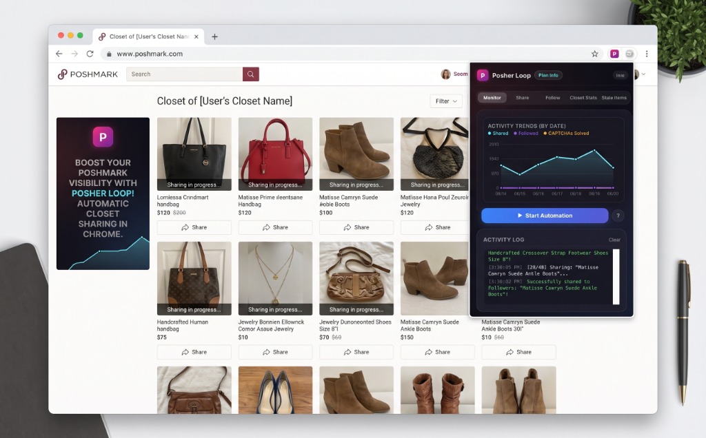 Posher Loop Chrome Extension Interface Floating over Poshmark Web Page